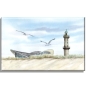 Preview: aLeinwand 40 x 30 cm Keilrahmen Canvas-Leinen Aquarell Maritim Kunst Druck Kunstdruck Ostsee Leuchtturm Warnemünde Rostock Teepott Möwen WA11